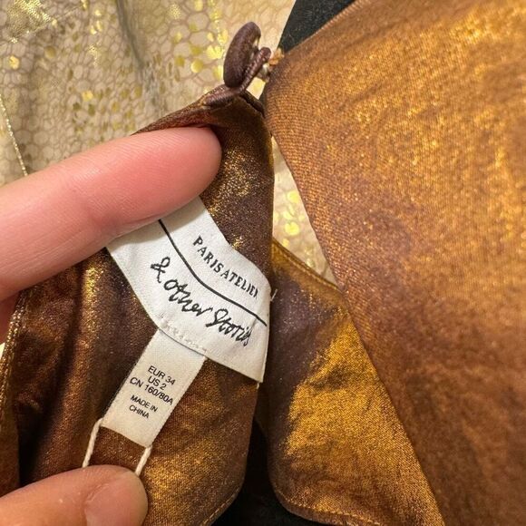 & Other Stories Metallic Shiny Satin Bronze Gold Mini Dress Size 2 NWT - Picture 5 of 10